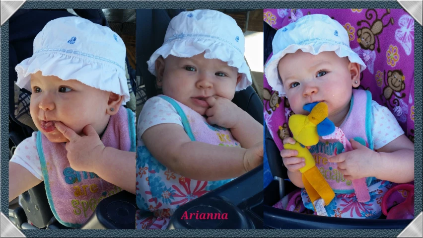 three pos showing a baby in a car seat with a spoon