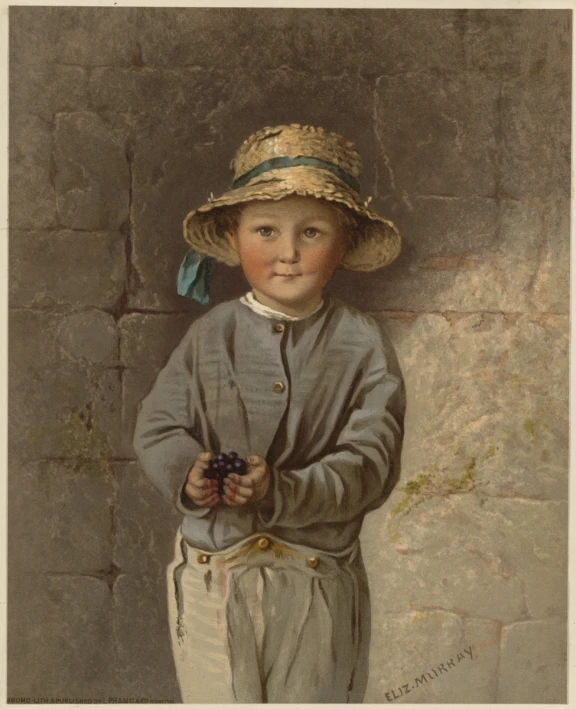 a painting of a boy with a hat on and his arm crossed