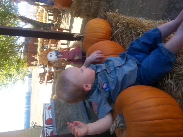 a toddler sitting on a pile of hay covered in pumpkins
