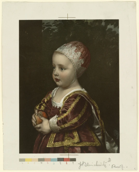 a child wearing a red and gold dress