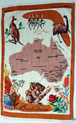 a towel with australia on it and other animals and birds in the middle