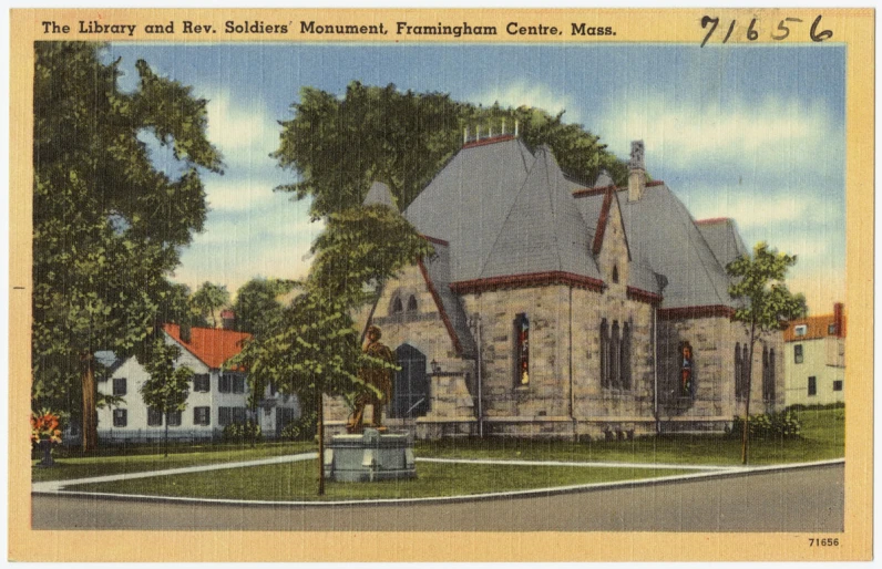 an old church with a tennis court in front