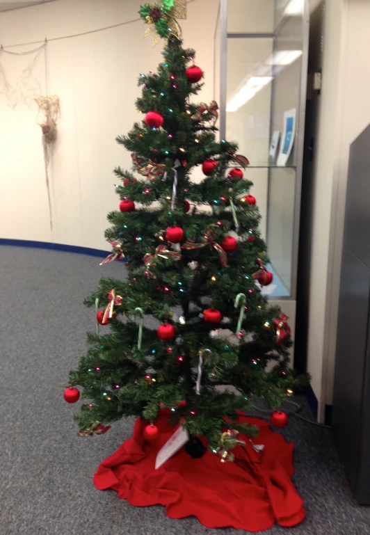 a small christmas tree sits next to a door