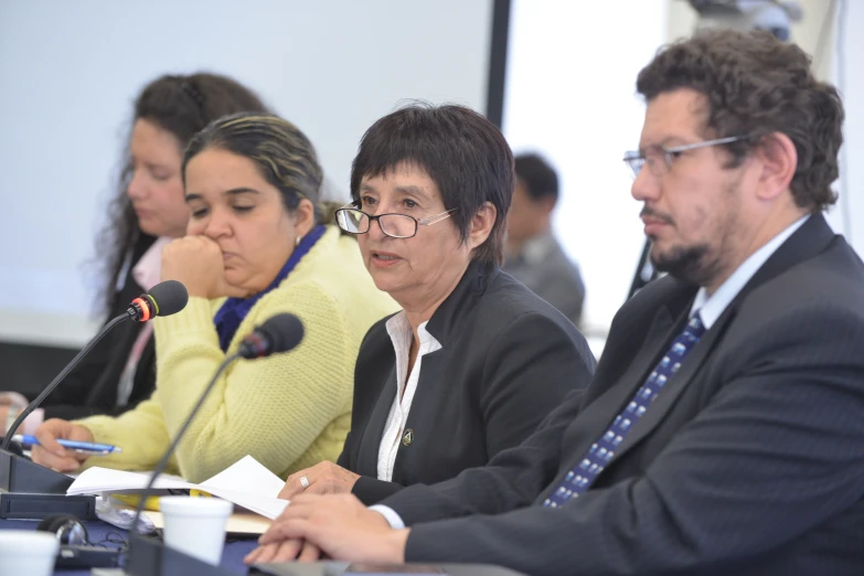 a group of people sitting at a table with microphones