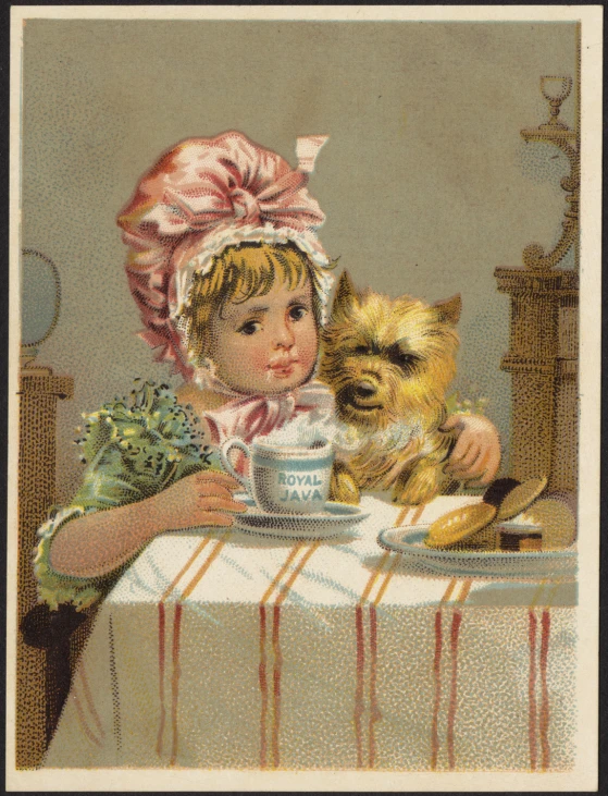 an old fashion woman and her little dog having tea