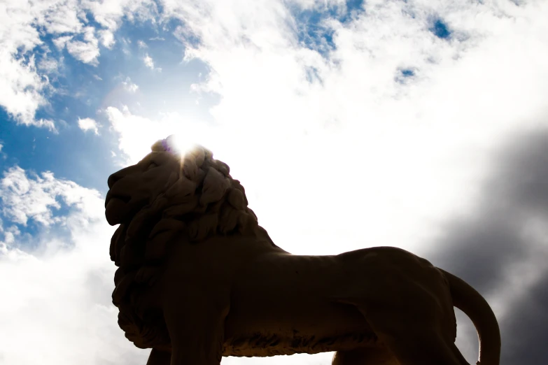 the lion statue is standing under the sun