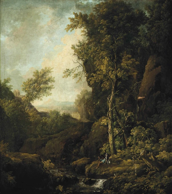 a painting of a wooded area with a river flowing through it