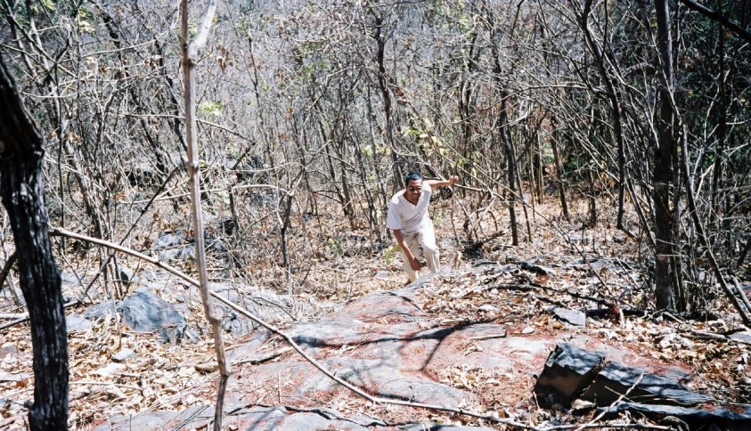 a woman standing on top of a rock in the middle of forest