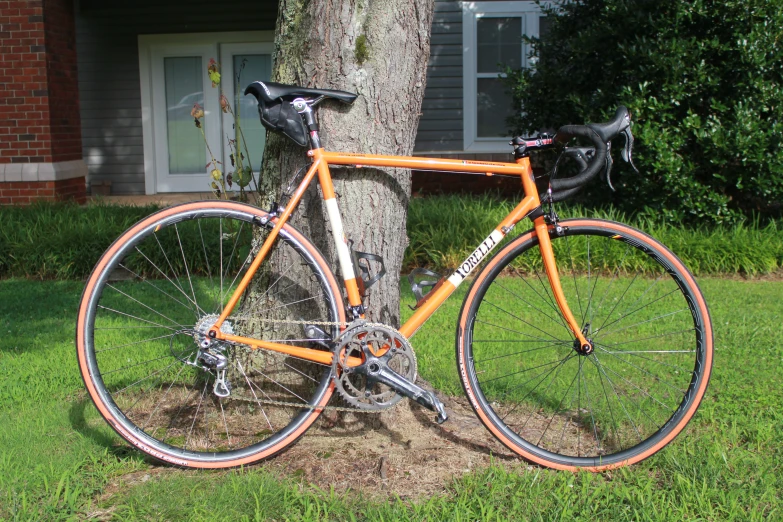 there is a very large orange bike in the grass