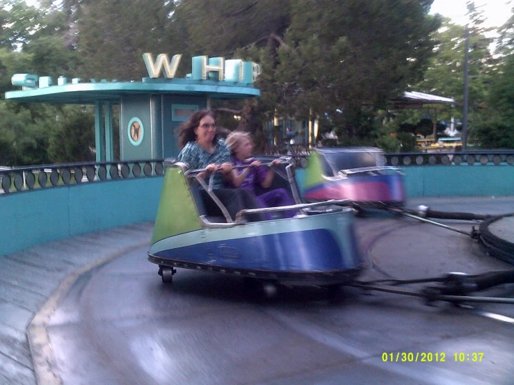 two women on a roller coaster at a fair