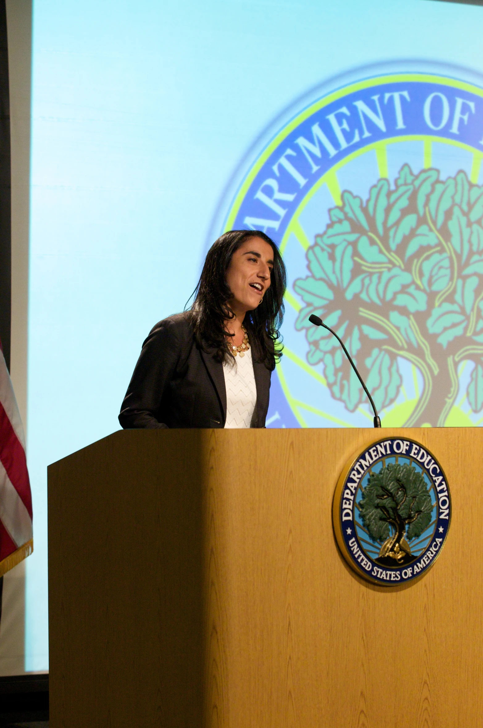 a woman standing behind a podium and giving a speech