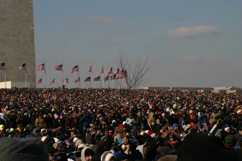 large crowd of people gathered together with american flags in the distance