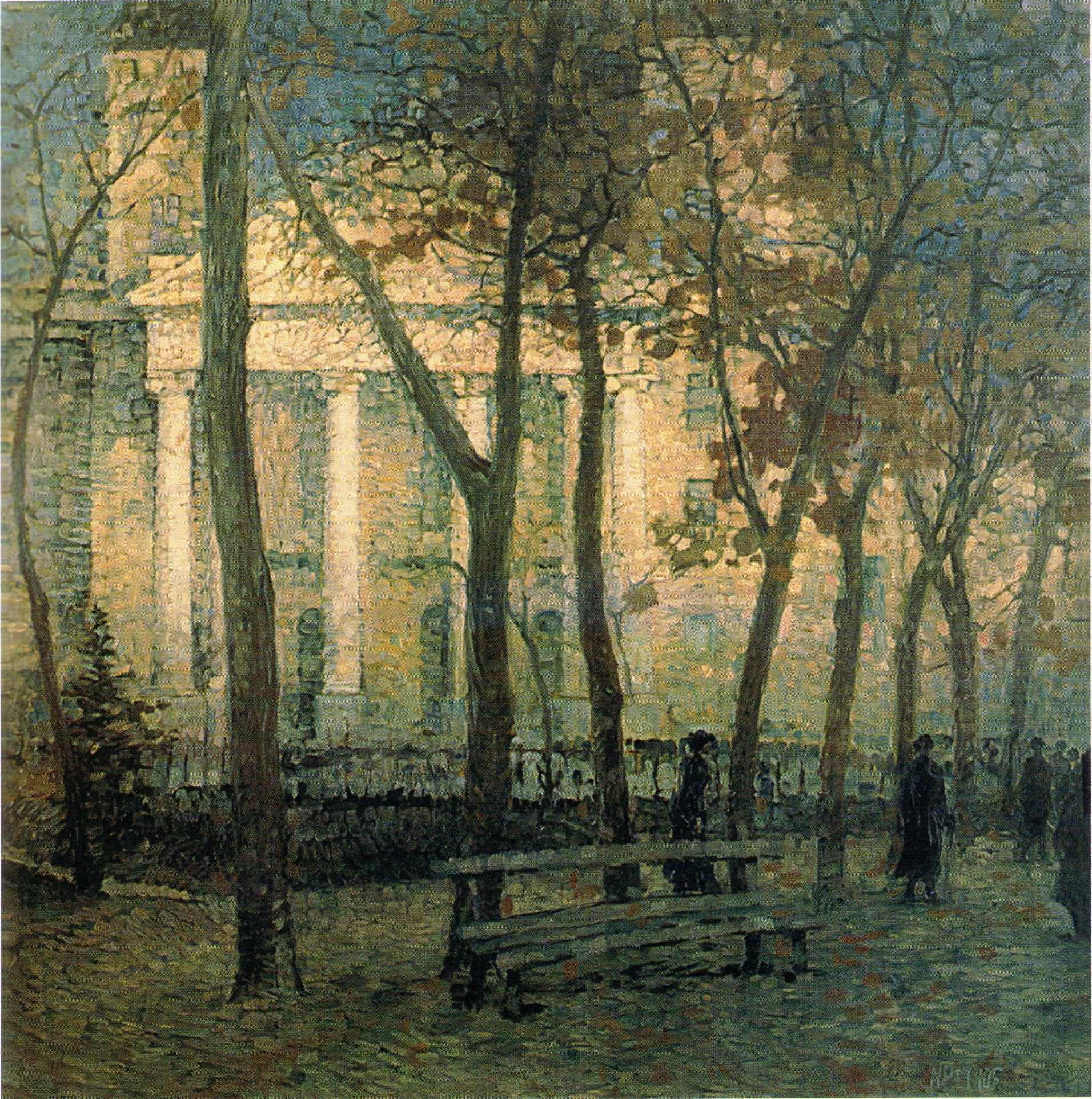 the painting depicts a large building in the background