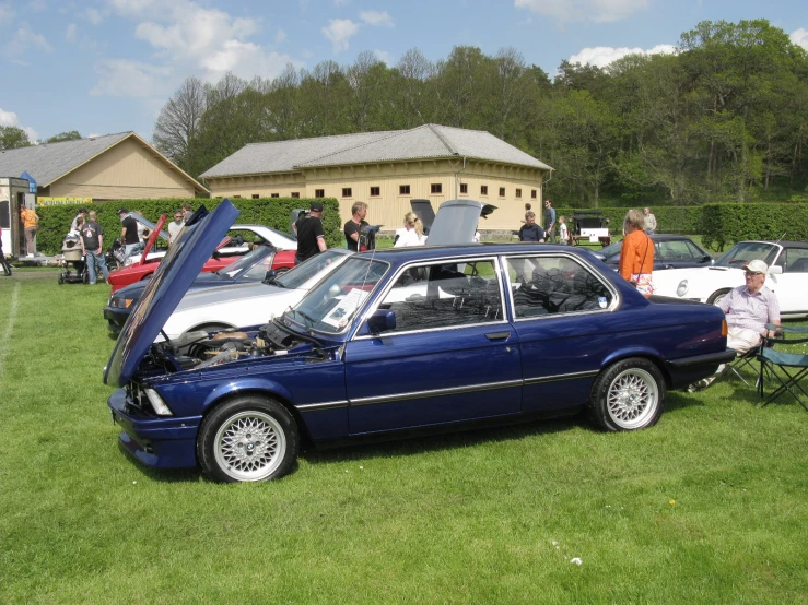 a blue bmw sitting on top of a grass covered field