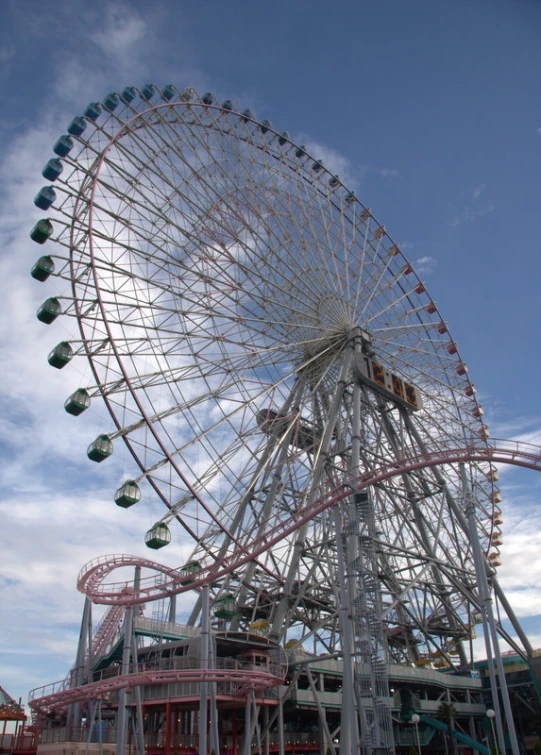 an amut park with a giant ferris wheel in the background