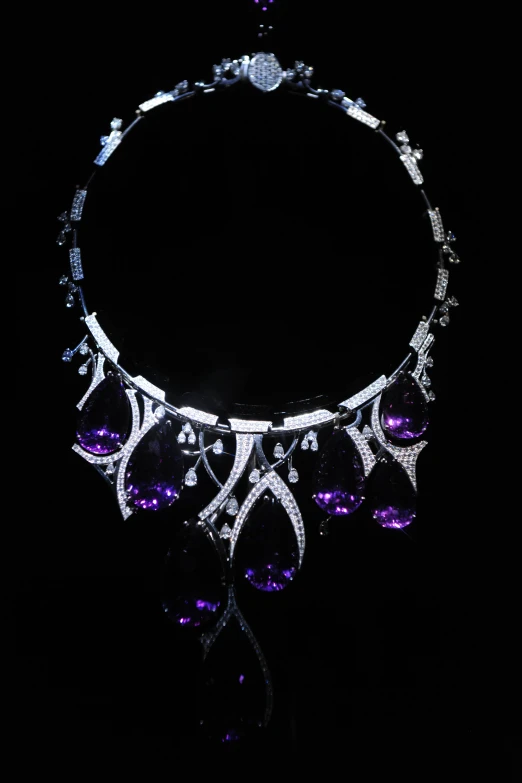 the necklace has purple stones on it