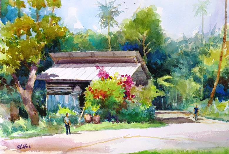 a painting of a house and a person walking down the road