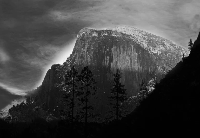 a black and white po of a mountain with a tree at the base