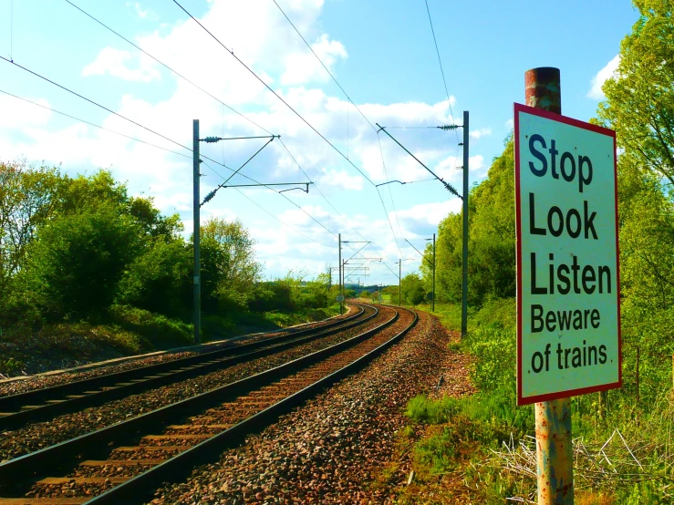 the stop sign for railway tracks is near the train tracks