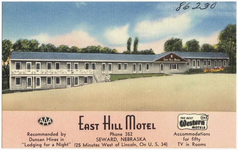 postcard of the east hill motel, an early - century era motel