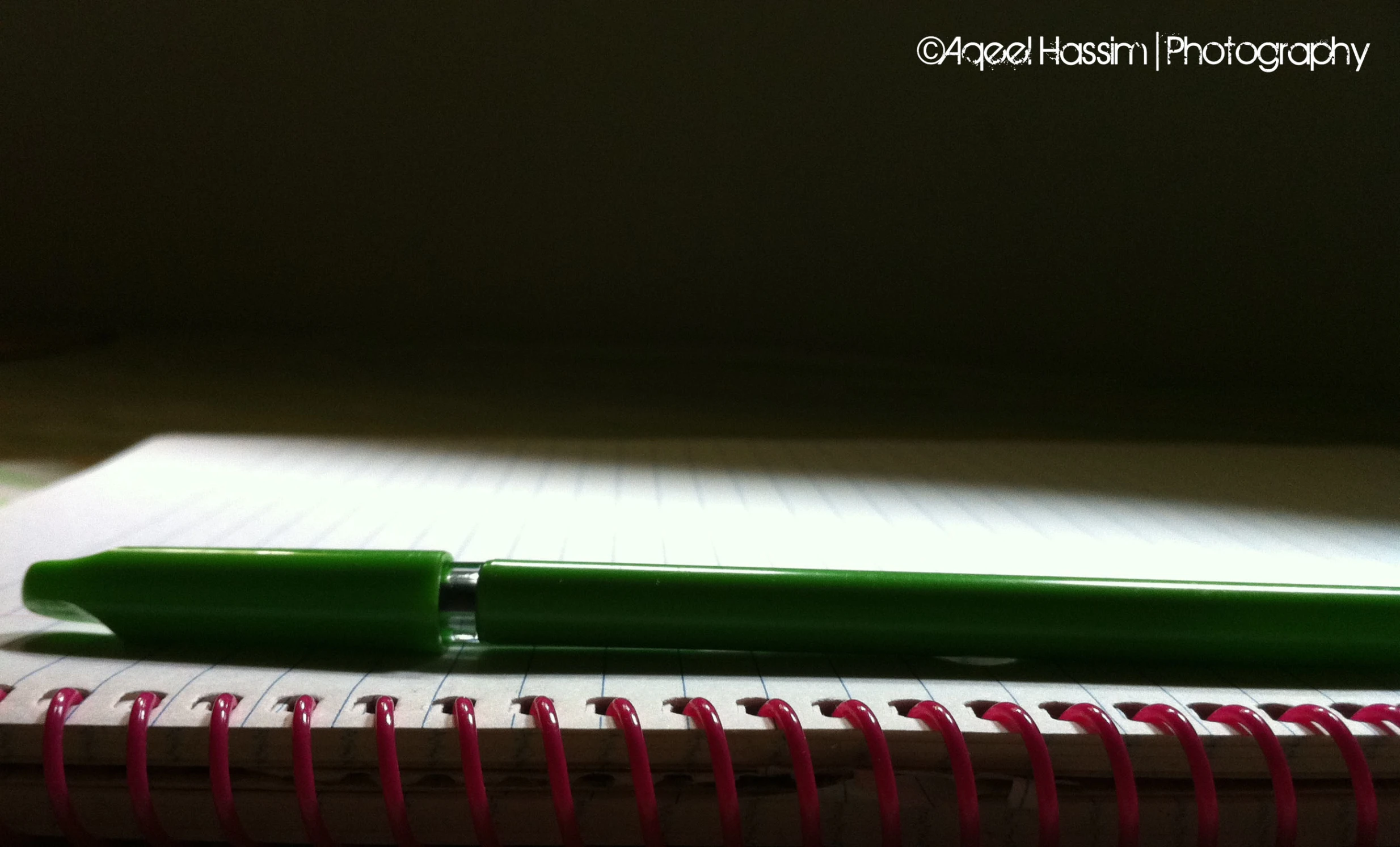 a book with a green pen sitting on top of it