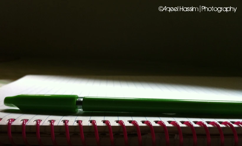 a book with a green pen sitting on top of it
