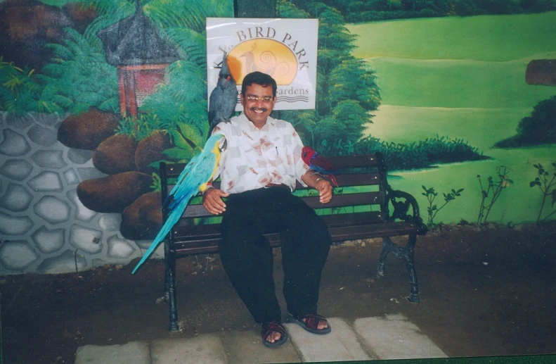 an image of a man with two birds sitting on a bench