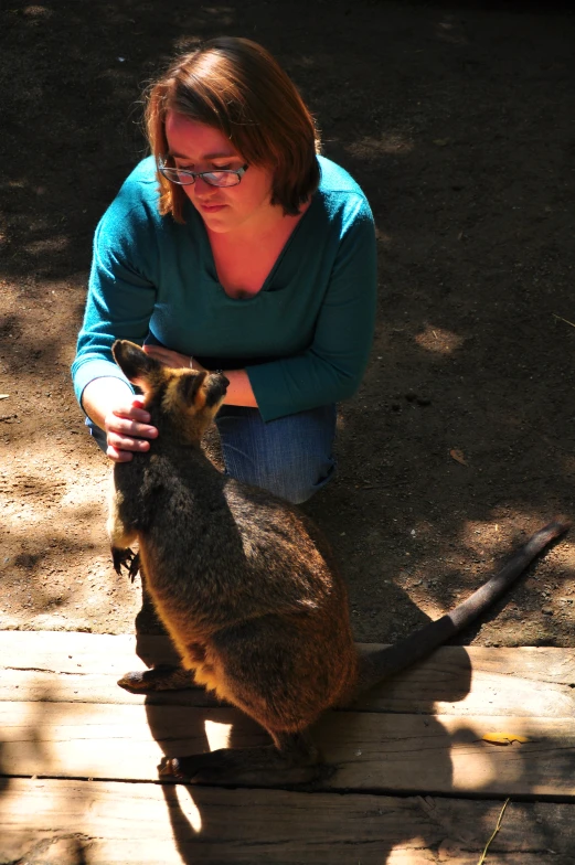 a woman petting a small cat on the nose