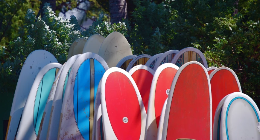 several different colored surfboards sitting behind a tall fence