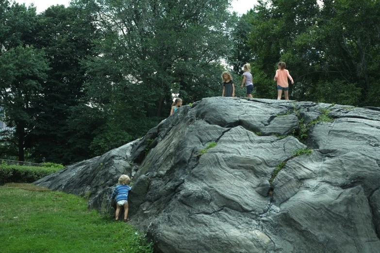 a group of young people standing on a rock near trees