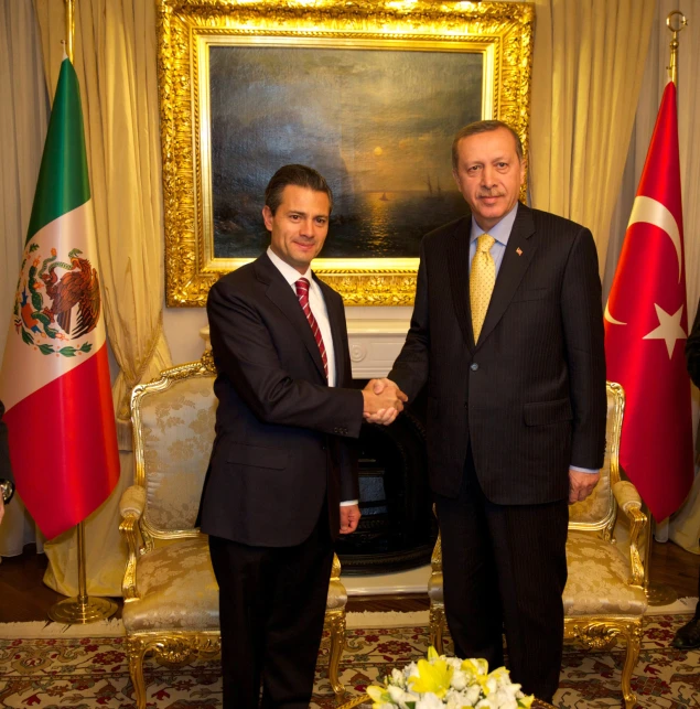 two men shaking hands in a room with flags