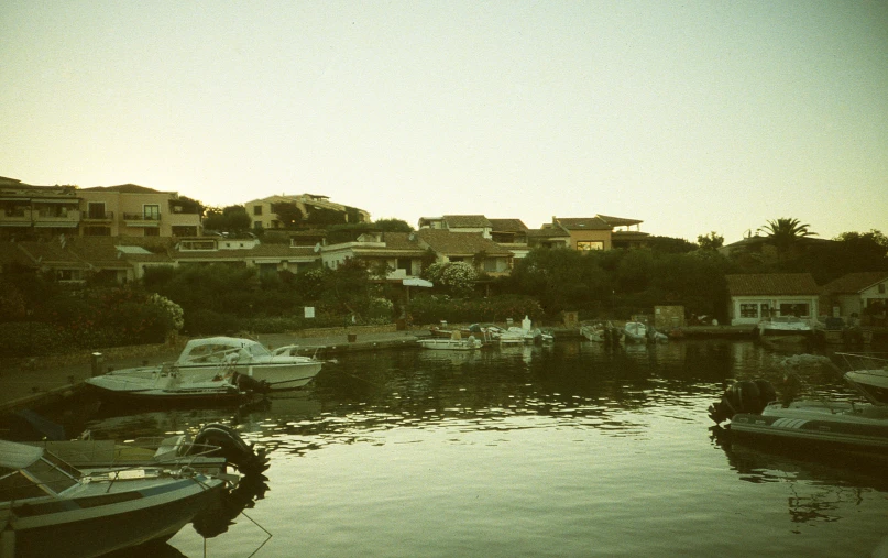 boats in a harbor and houses on the hill