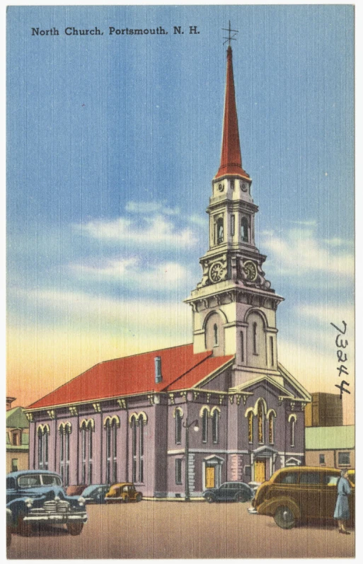 old church near the ocean with red roof