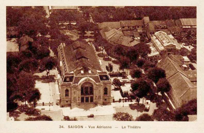 an aerial view shows the tower and surrounding buildings