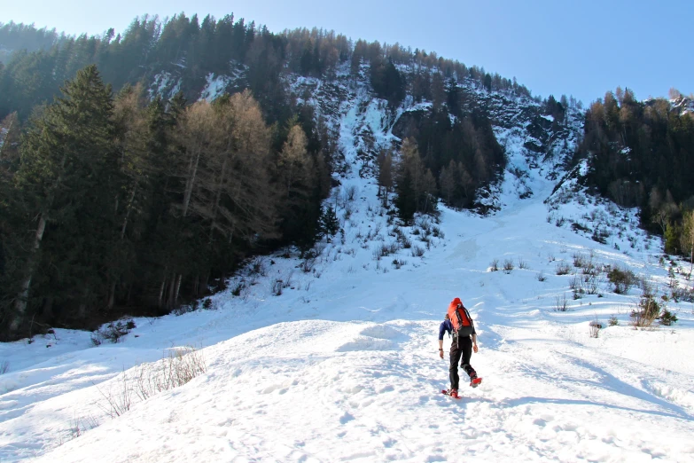 a person wearing skis walking on the snowy slope