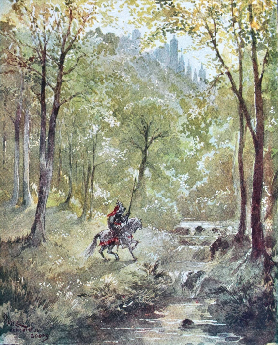 a painting showing people riding on horseback through the woods