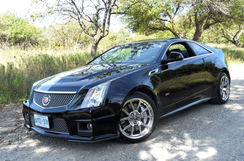 a black cadillac is parked next to some grass and trees