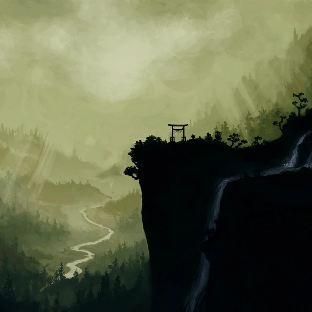 the background of a waterfall has a tower with trees and mountains below