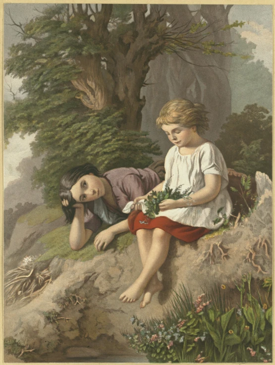 a painting of two children sitting in the grass