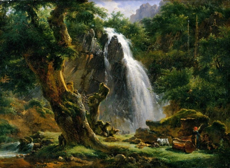 this is a painting of people enjoying a day at the waterfall