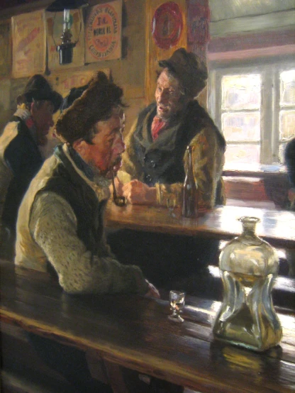 an oil painting of people seated at a bar