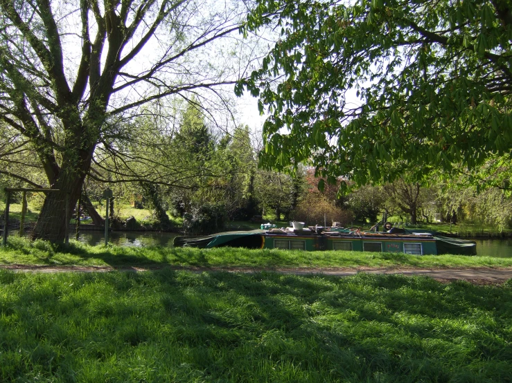 an empty park with a green grass field and trees