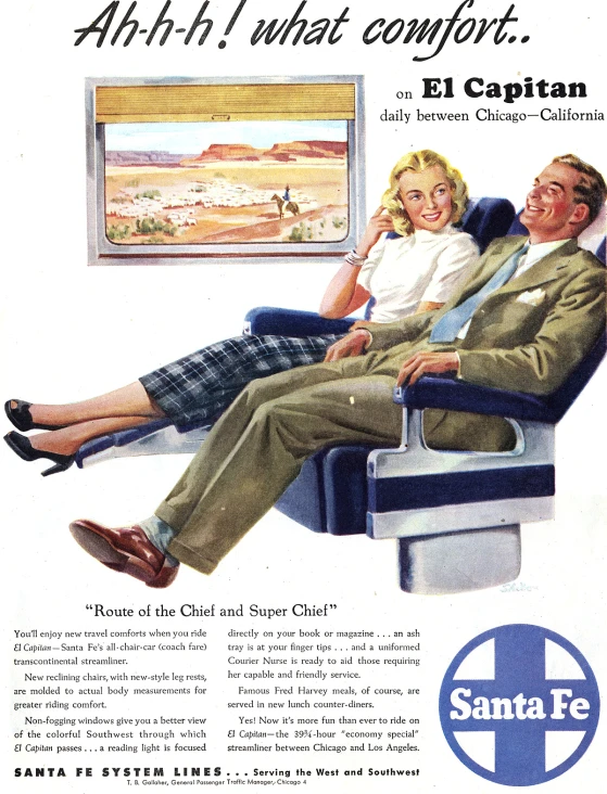 an old ad for a santa fe airplane, featuring a man and woman relaxing