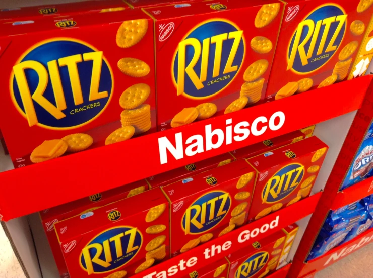 red boxes of food sit in a store display