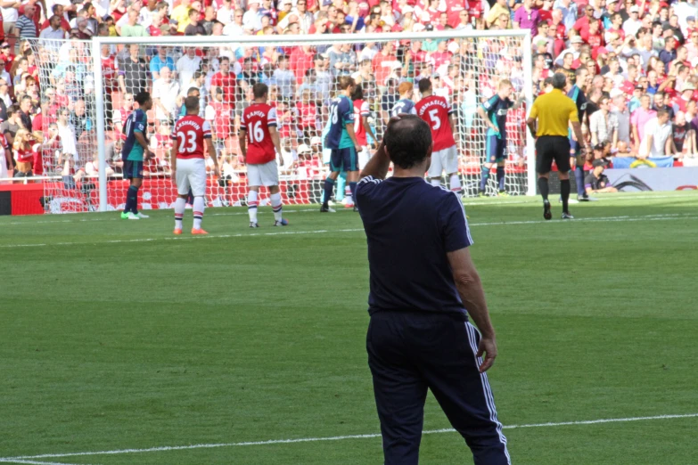 soccer players are on a soccer field as a crowd watches