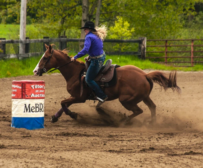 a woman in blue shirt riding on the back of a brown horse