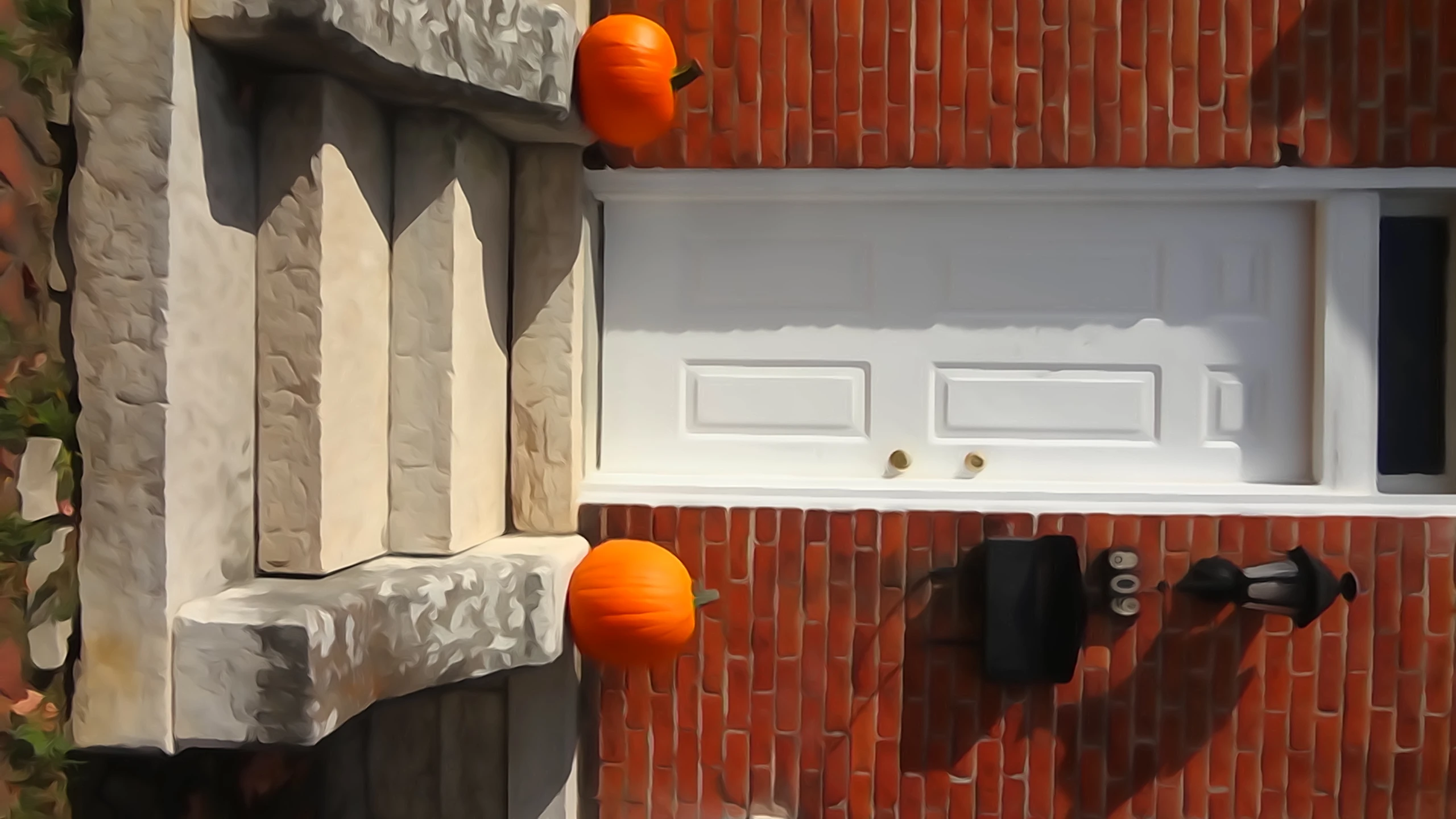 a front door of a home with a brick building and pumpkins