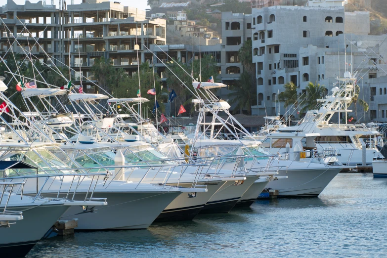 a fleet of ships in the marina at sunset