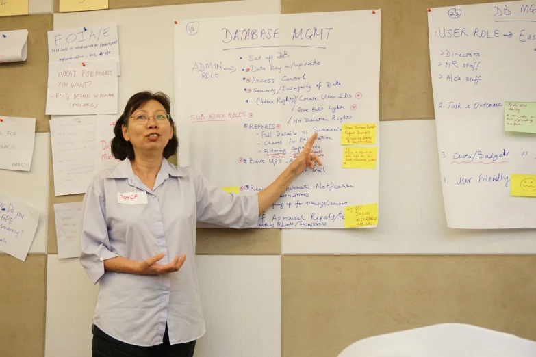 a woman pointing at notes and post it notes on the wall