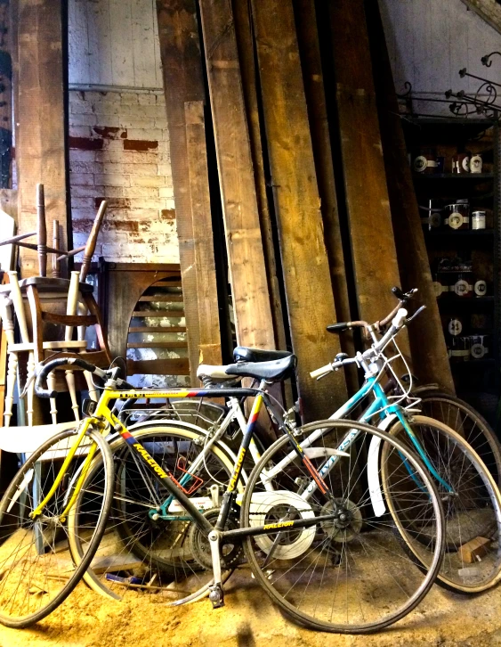 a group of bikes are parked near each other